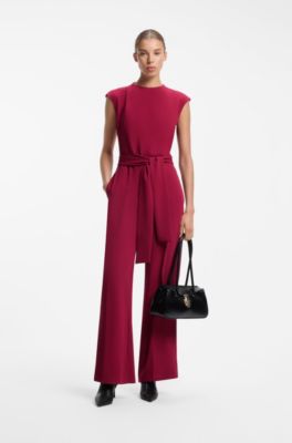 Tuta jumpsuit in cr&ecirc;pe con cintura, Rosso scuro