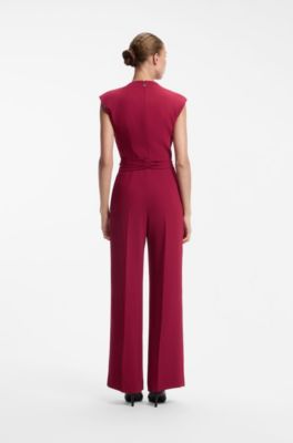 Tuta jumpsuit in cr&ecirc;pe con cintura, Rosso scuro