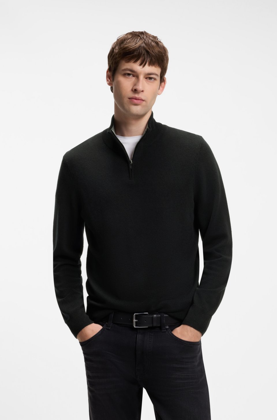 Zip-neck sweater in virgin wool with cashmere