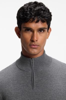 Zip-neck sweater in virgin wool with cashmere, Dark Grey