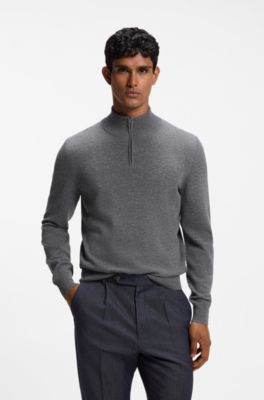 Zip-neck sweater in virgin wool with cashmere, Dark Grey