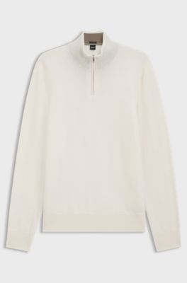 Zip-neck sweater in virgin wool with cashmere, Natural
