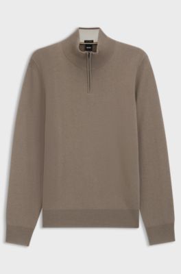 Zip-neck sweater in virgin wool with cashmere, Light Brown