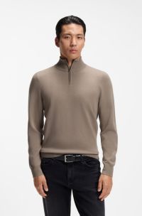 Zip-neck sweater in virgin wool with cashmere, Light Brown