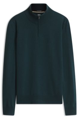 Zip-neck sweater in virgin wool with cashmere, Dark Green
