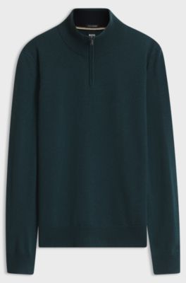 Zip-neck sweater in virgin wool with cashmere, Dark Green