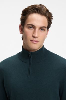 Zip-neck sweater in virgin wool with cashmere, Dark Green