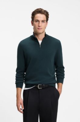 Zip-neck sweater in virgin wool with cashmere, Dark Green