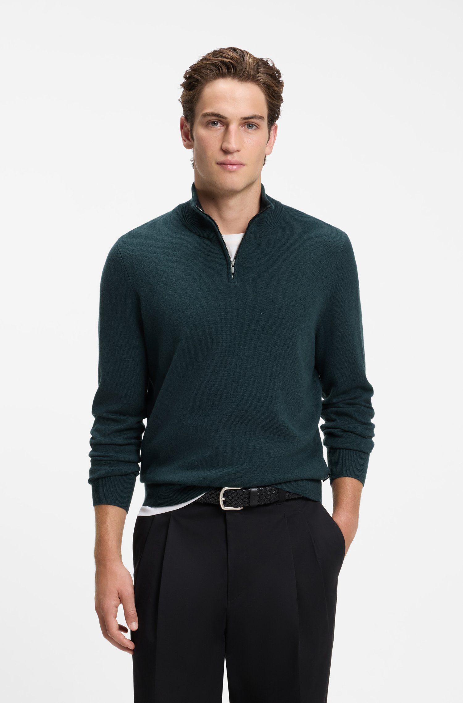 Boss Zip-neck sweater in virgin wool with cashmere stickade tröjor herr