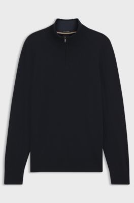 Zip-neck sweater in virgin wool with cashmere, Dark Blue