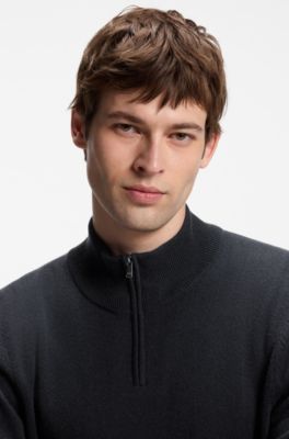 Zip-neck sweater in virgin wool with cashmere, Dark Blue