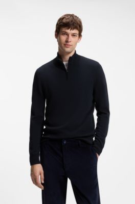 Zip-neck sweater in virgin wool with cashmere, Dark Blue