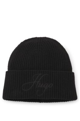 Chunky-knit cashmere-blend beanie with logo, Black