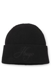 Geribbelde beanie met geborduurd scriptlogo, Zwart