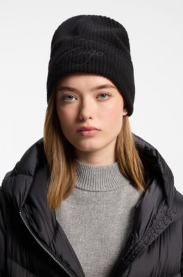 Chunky-knit cashmere-blend beanie with logo, Black