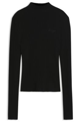 Slim-fit ribbed sweater with mock neckline, Black