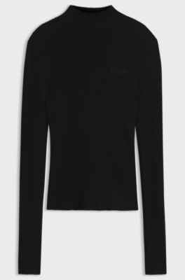 Slim-fit ribbed sweater with mock neckline, Black