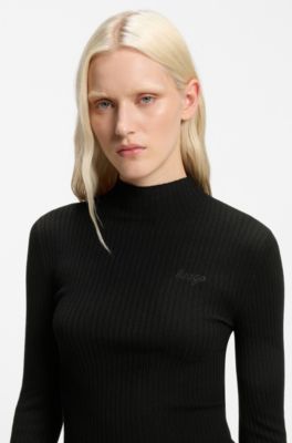 Slim-fit ribbed sweater with mock neckline, Black