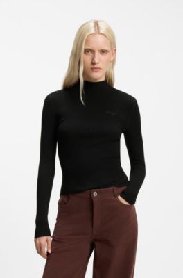 Slim-fit ribbed sweater with mock neckline, Black