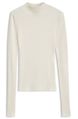 Slim-fit ribbed sweater with mock neckline, Natural