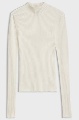 Slim-fit ribbed sweater with mock neckline, Natural