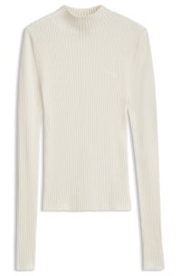 Slim-fit ribbed sweater with mock neckline, Natural