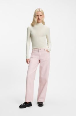 Slim-fit ribbed sweater with mock neckline, Natural