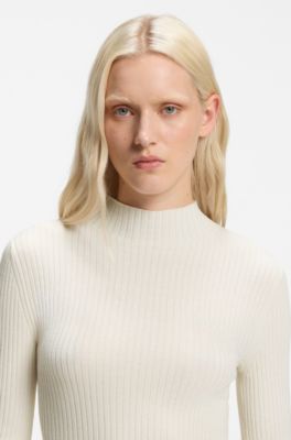 Slim-fit ribbed sweater with mock neckline, Natural