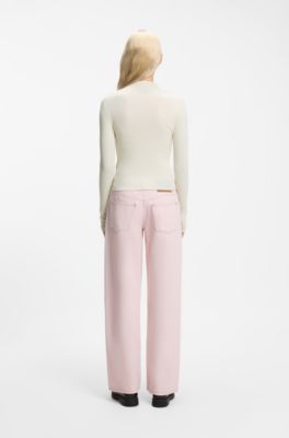 Slim-fit ribbed sweater with mock neckline, Natural