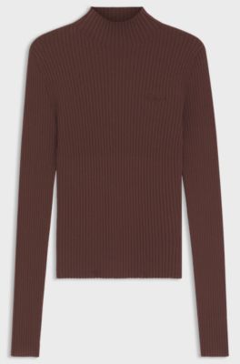 Slim-fit ribbed sweater with mock neckline, Brown