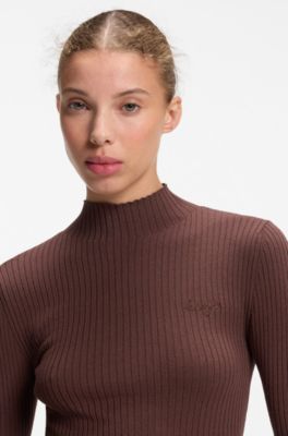 Slim-fit ribbed sweater with mock neckline, Brown