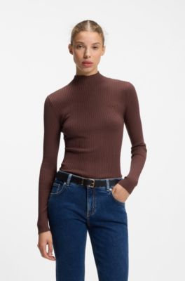 Slim-fit ribbed sweater with mock neckline, Brown