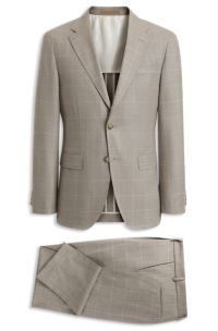 Two-piece slim-fit suit in checked Italian wool, Beige Patterned
