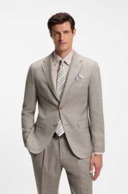 Two-piece slim-fit suit in checked Italian wool, Beige Patterned