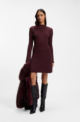Ribbed slim-fit dress in a virgin wool blend, Dark Red