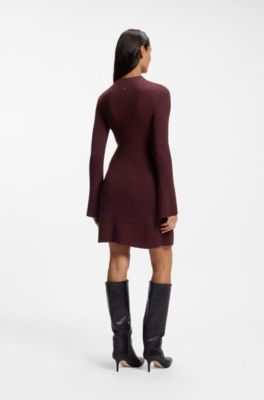 Ribbed slim-fit dress in a virgin wool blend, Dark Red