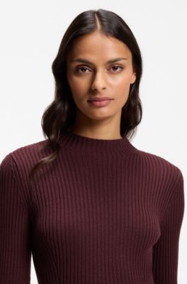 Geripptes Slim-Fit Kleid aus Schurwoll-Mix, Dunkelrot