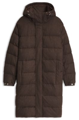 Long-length padded jacket in brushed fabric, Dark Brown