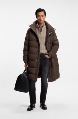 Long-length padded jacket in brushed fabric, Dark Brown