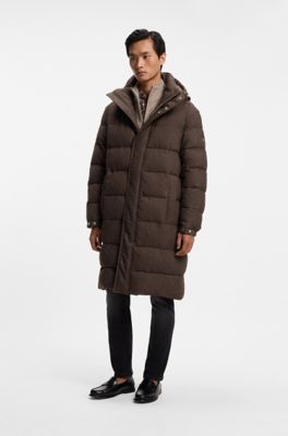 Long-length padded jacket in brushed fabric, Dark Brown
