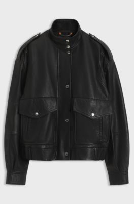 Leather jacket with epaulettes and stand collar, Black