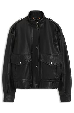 Leather jacket with epaulettes and stand collar