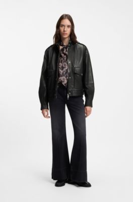 Leather jacket with epaulettes and stand collar, Black