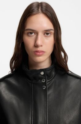 Leather jacket with epaulettes and stand collar, Black