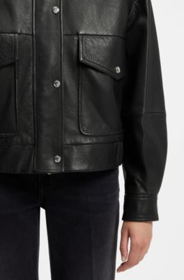 Leather jacket with epaulettes and stand collar, Black