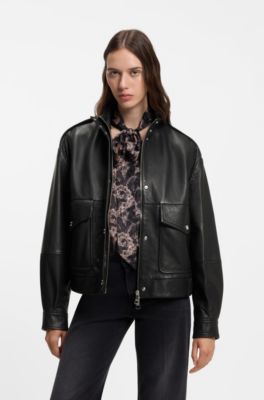 Leather jacket with epaulettes and stand collar, Black