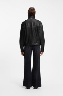 Leather jacket with epaulettes and stand collar, Black