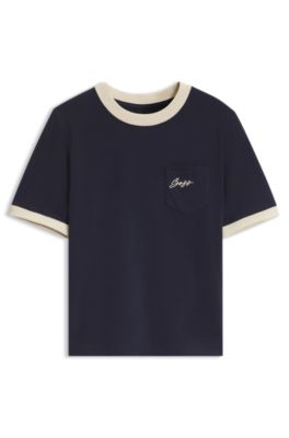 Slim-fit cotton T-shirt with contrast rib details, Dark Blue