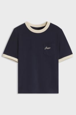 Slim-fit cotton T-shirt with contrast rib details, Dark Blue