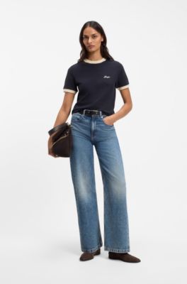 Slim-fit cotton T-shirt with contrast rib details, Dark Blue